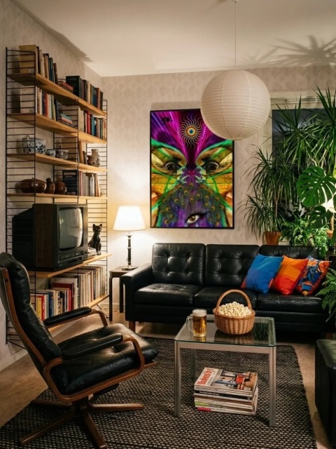 Duży plakat 70x100 surrealistyczny psychodeliczny neonowy kolaż paw oczy – ARGUS