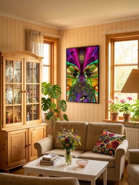 Duży plakat 70x100 surrealistyczny psychodeliczny neonowy kolaż paw oczy – ARGUS