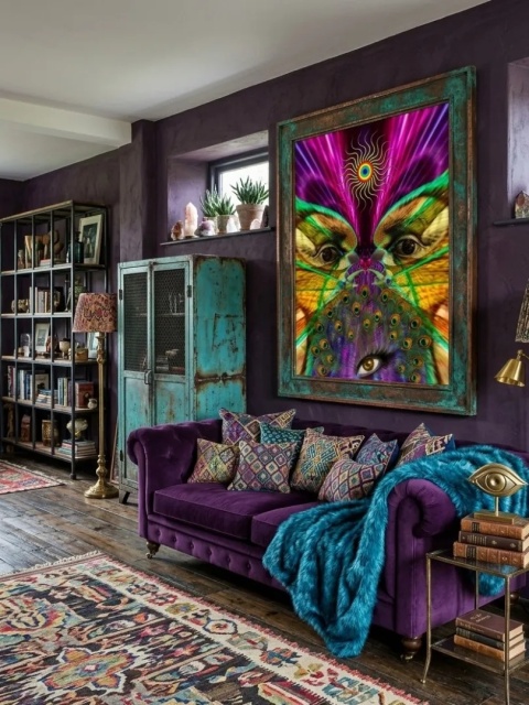 Duży plakat 70x100 surrealistyczny psychodeliczny neonowy kolaż paw oczy – ARGUS