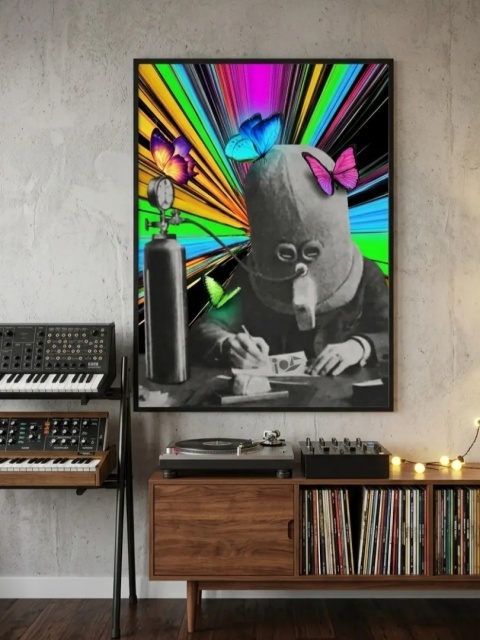 Duży plakat 70x100 surrealistyczny psychodeliczny neonowy kolaż retro motyle – KALEJDOSKOP