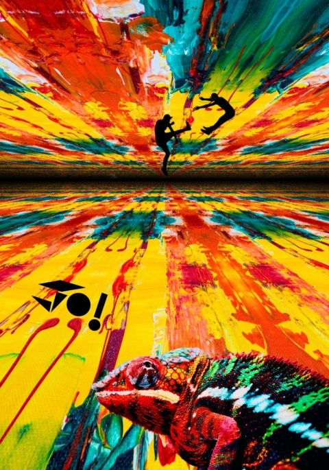Duży plakat 70x100 surrealistyczny psychodeliczny kolaż kameleon karate neony – KARATE OF COLORS
