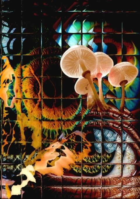 Plakat w ramie 50x70 surrealistyczny psychodeliczny kolaż motyw oka grzybki – OBSERWATORIUM