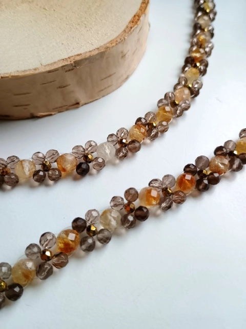 Komplet Choker i Bransoletka z Cytrynu, Kwarcu Dymnego i Złotego Hematytu - Skowronek Miodowy